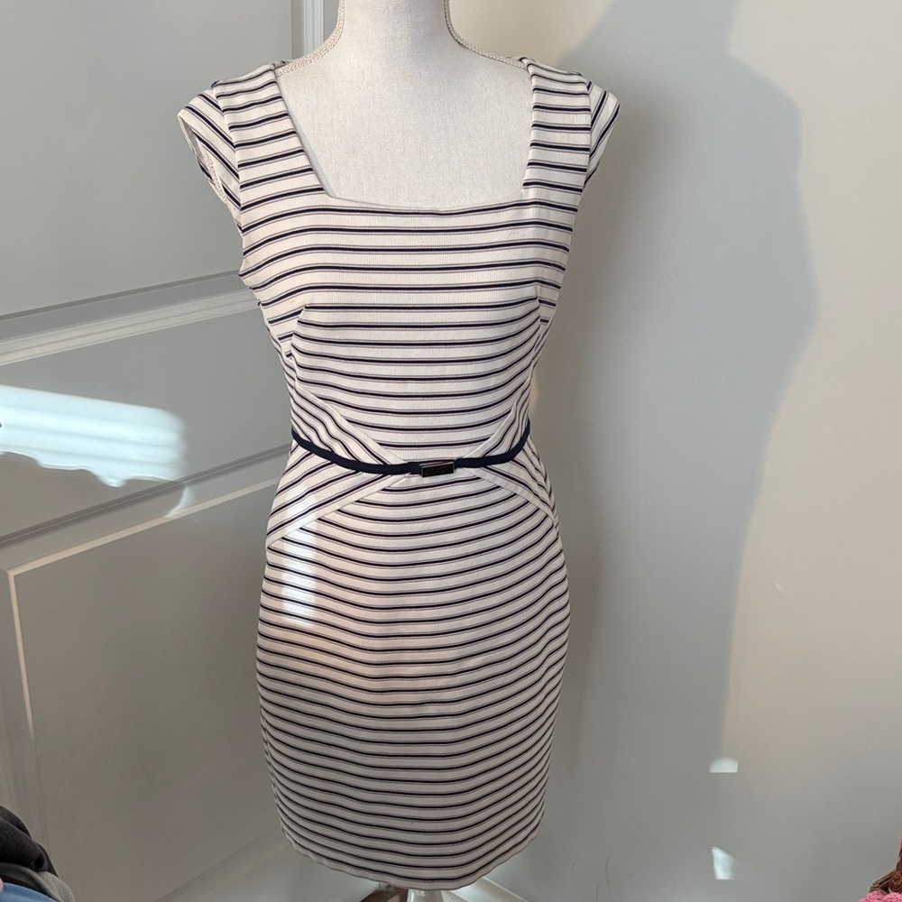 🎉SALE Anne Taylor Petite Striped Navy, Tan and White Dress